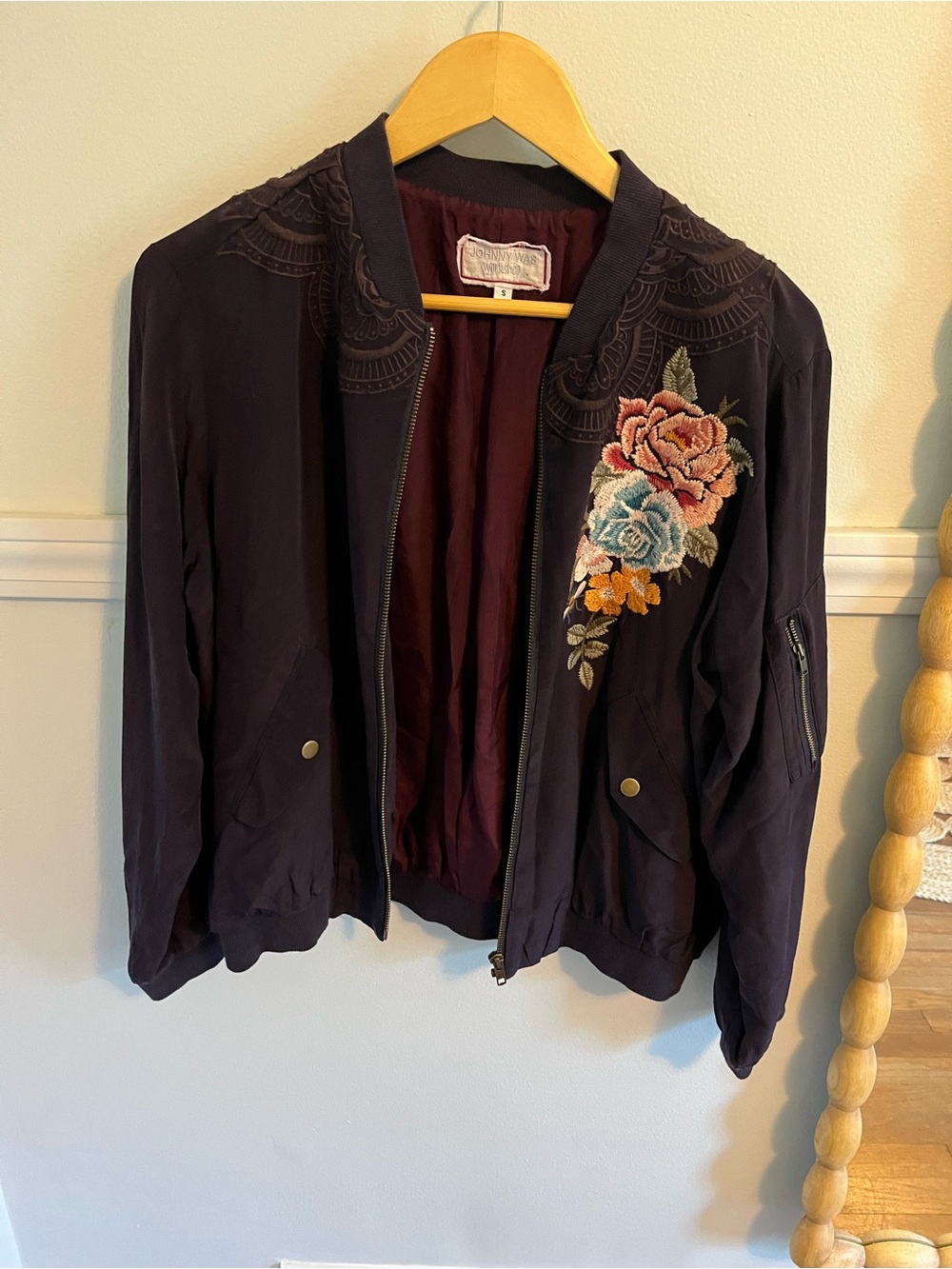 Johnny Was Silk Embroidered Floral Bomber Jacket - Deep Purple